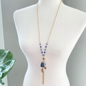 Dress barn Boho Blue Gold Tassel Necklace